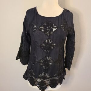 Free People Black Crochet Bell Sleeve Top